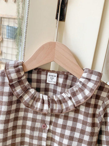 Blossori Young Girls French Elegant Brown Plaid Woven Fitted Front Button Ruffle Collar Blouse, Autumn/Winter