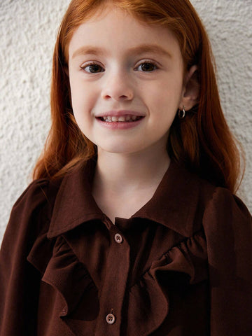 Blossori Young Girls French Elegant Dark Gray Woven Form-Fitting Shirt Collar Single-Breasted Dress, Autumn/Winter