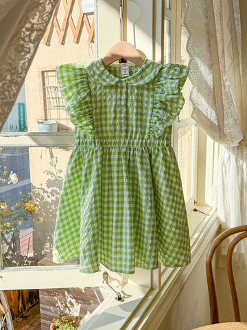 Blossori Young Girls French Elegant Green Check Woven Short Collar Mini Dress, Spring/Summer
