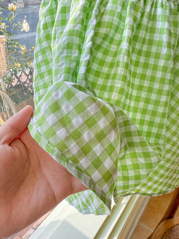 Blossori Young Girls French Elegant Green Check Woven Short Collar Mini Dress, Spring/Summer