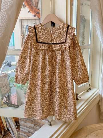 Blossori Young Girls' French Elegant Khaki Woven Ruffle Ribbon Decoration Ditsy Floral Loose Round Neck Dress, Autumn/Winter