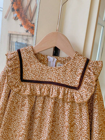 Blossori Young Girls' French Elegant Khaki Woven Ruffle Ribbon Decoration Ditsy Floral Loose Round Neck Dress, Autumn/Winter