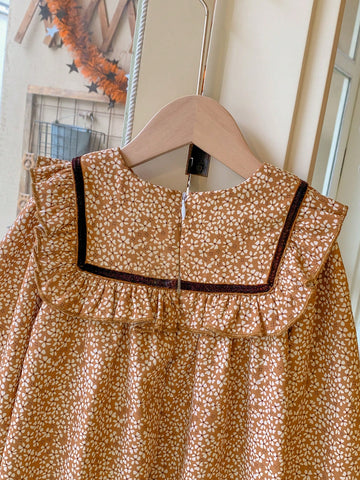 Blossori Young Girls' French Elegant Khaki Woven Ruffle Ribbon Decoration Ditsy Floral Loose Round Neck Dress, Autumn/Winter