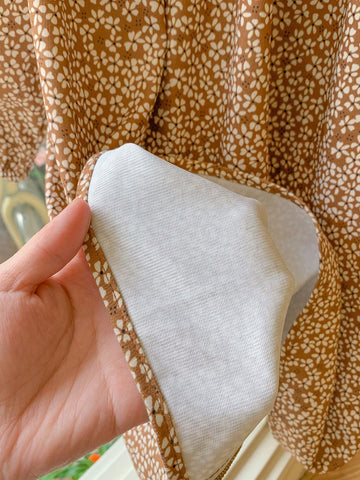 Blossori Young Girls' French Elegant Khaki Woven Ruffle Ribbon Decoration Ditsy Floral Loose Round Neck Dress, Autumn/Winter