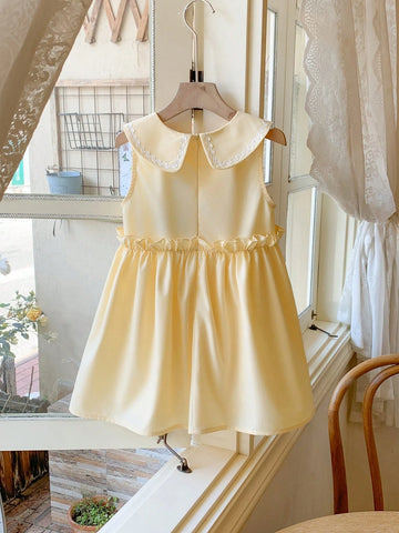 Blossori Young Girls' French Elegant Light Yellow Woven Collar Dress, Spring/Summer
