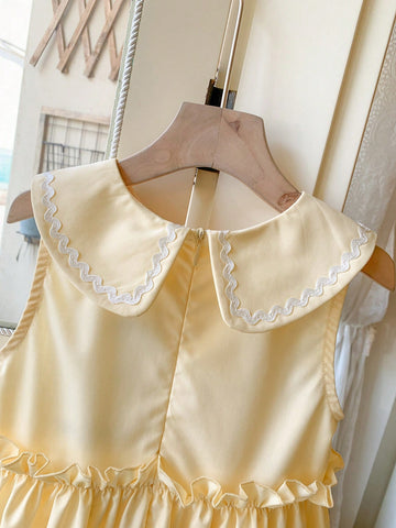 Blossori Young Girls' French Elegant Light Yellow Woven Collar Dress, Spring/Summer
