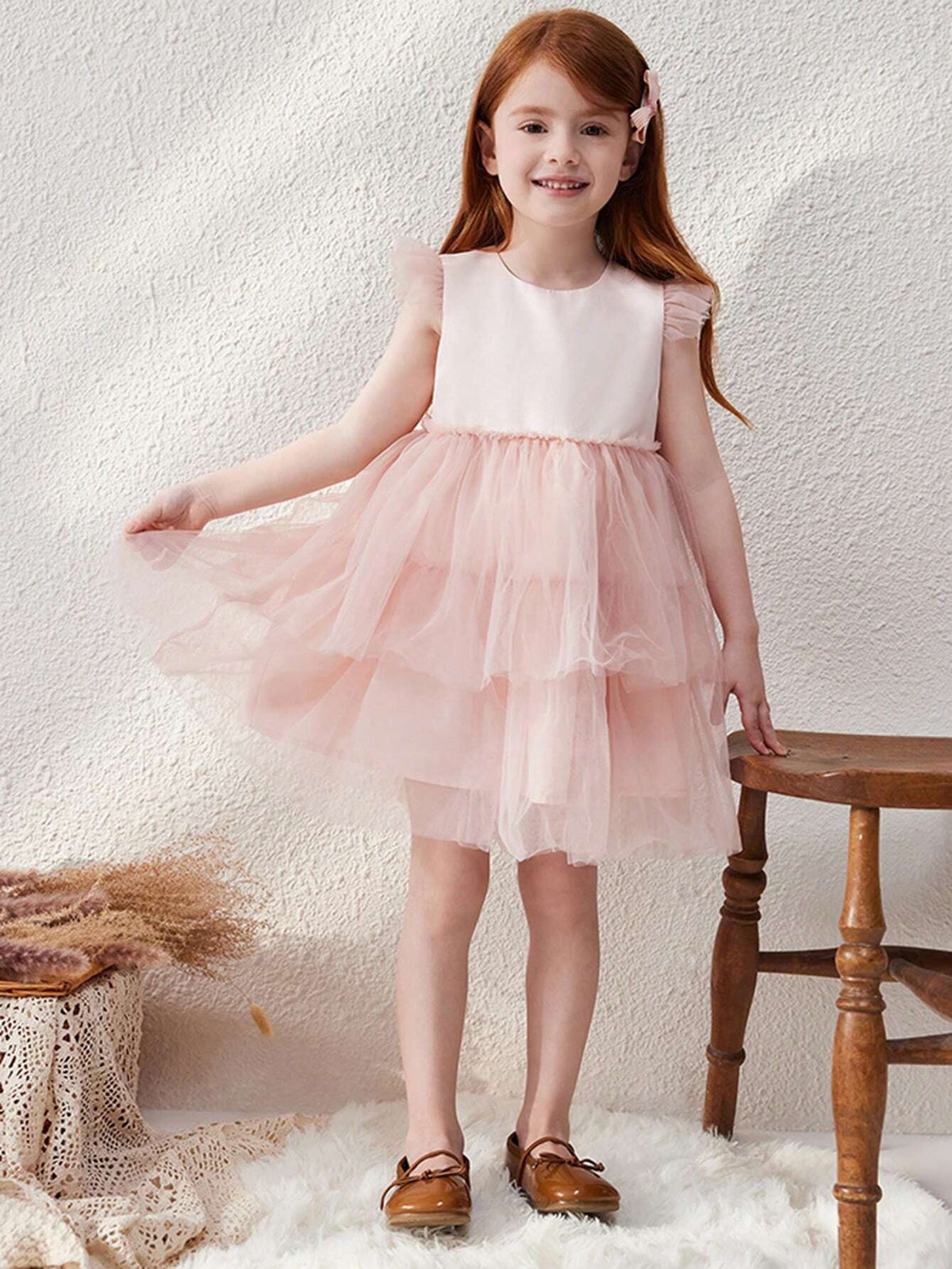 Blossori Young Girls French Elegant Loose Pink Knitted Mesh A-Line Dress, Autumn/Winter