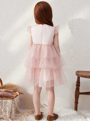 Blossori Young Girls French Elegant Loose Pink Knitted Mesh A-Line Dress, Autumn/Winter