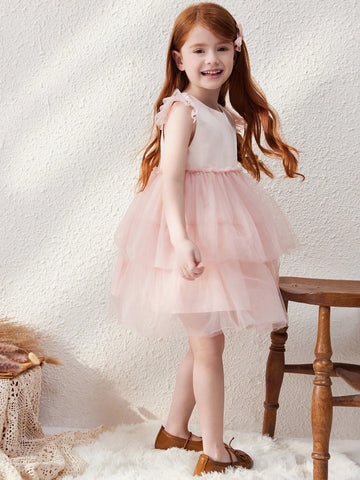 Blossori Young Girls French Elegant Loose Pink Knitted Mesh A-Line Dress, Autumn/Winter