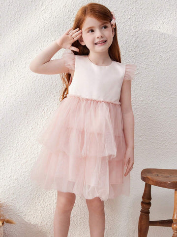 Blossori Young Girls French Elegant Loose Pink Knitted Mesh A-Line Dress, Autumn/Winter