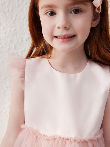 Blossori Young Girls French Elegant Loose Pink Knitted Mesh A-Line Dress, Autumn/Winter