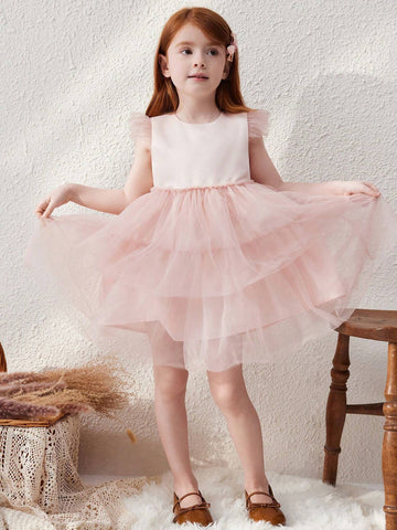 Blossori Young Girls French Elegant Loose Pink Knitted Mesh A-Line Dress, Autumn/Winter