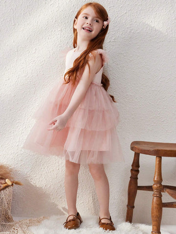Blossori Young Girls French Elegant Loose Pink Knitted Mesh A-Line Dress, Autumn/Winter
