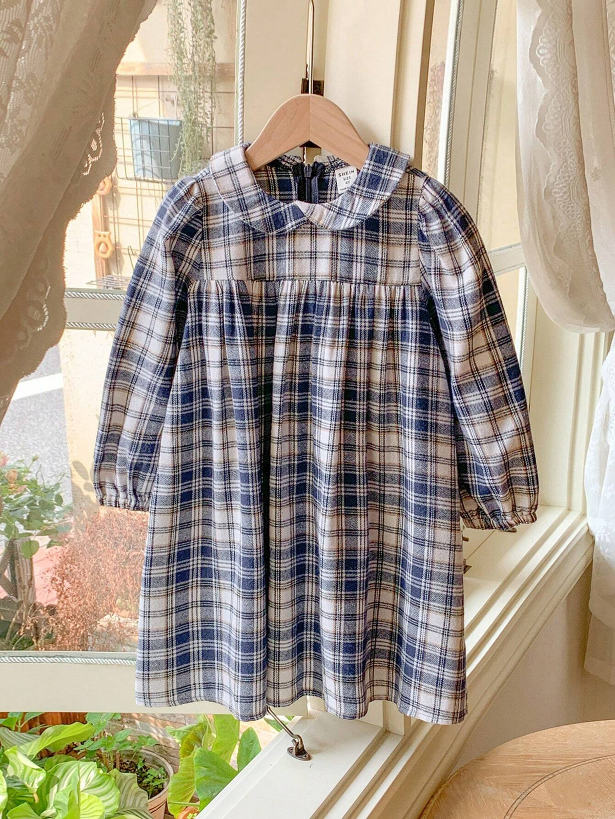 Blossori Young Girls French Elegant Loose Plaid Woven Collar Dress, Autumn/Winter