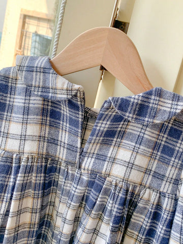 Blossori Young Girls French Elegant Loose Plaid Woven Collar Dress, Autumn/Winter