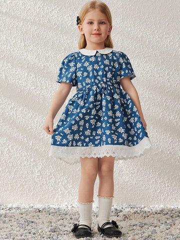 Blossori Young Girls French Elegant Mini Ditsy Floral Woven Smock Neck Dress, Spring & Summer