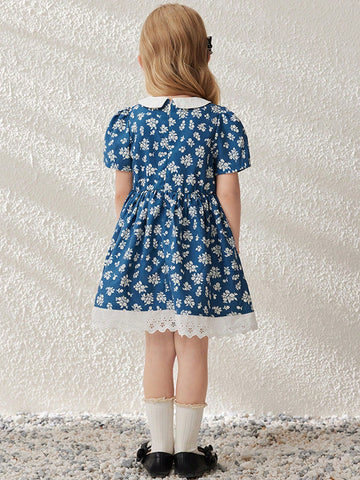 Blossori Young Girls French Elegant Mini Ditsy Floral Woven Smock Neck Dress, Spring & Summer