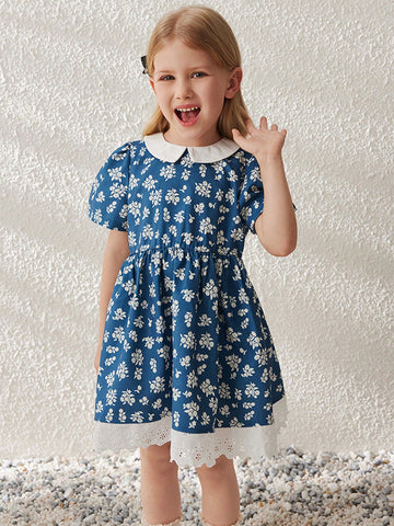 Blossori Young Girls French Elegant Mini Ditsy Floral Woven Smock Neck Dress, Spring & Summer
