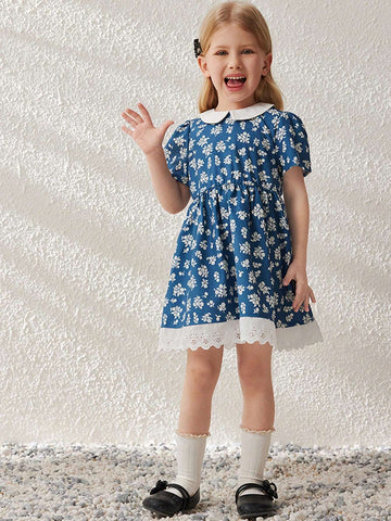 Blossori Young Girls French Elegant Mini Ditsy Floral Woven Smock Neck Dress, Spring & Summer