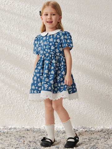 Blossori Young Girls French Elegant Mini Ditsy Floral Woven Smock Neck Dress, Spring & Summer