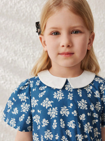 Blossori Young Girls French Elegant Mini Ditsy Floral Woven Smock Neck Dress, Spring & Summer