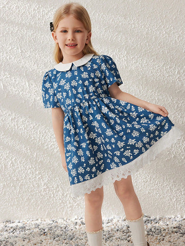 Blossori Young Girls French Elegant Mini Ditsy Floral Woven Smock Neck Dress, Spring & Summer
