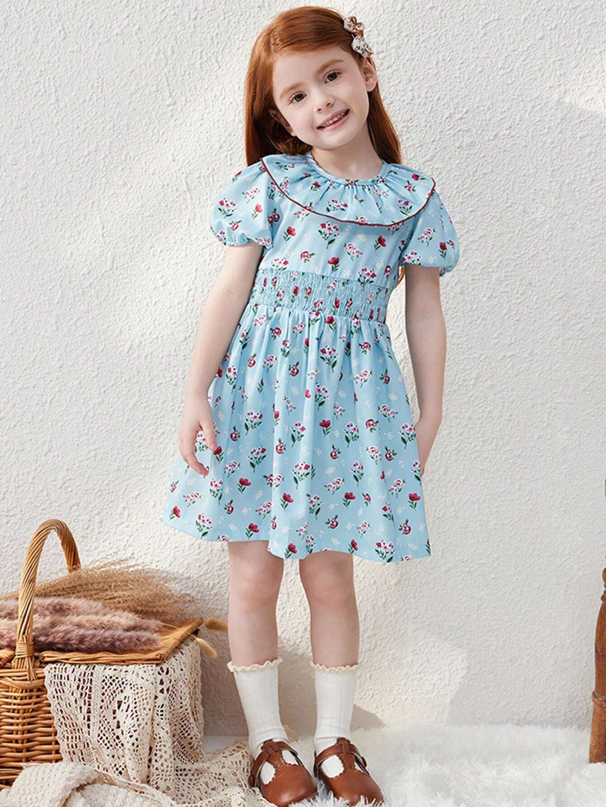 Blossori Young Girls French Elegant Navy Little Floral Rib Trim Waist A-Line Puff Sleeve Dress, Autumn/Winter