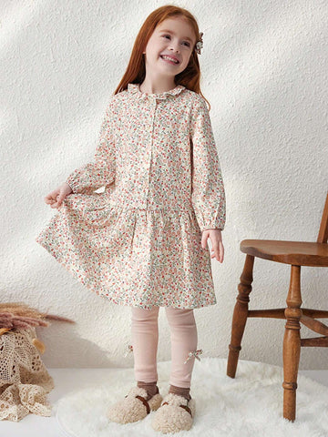 Blossori Young Girls French Elegant Pink Ditsy Floral Woven Loose Front Button Dress, Autumn/Winter