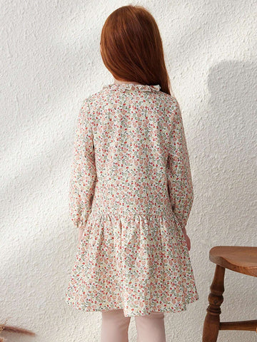 Blossori Young Girls French Elegant Pink Ditsy Floral Woven Loose Front Button Dress, Autumn/Winter