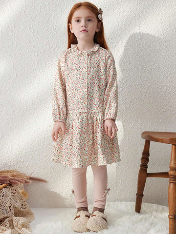 Blossori Young Girls French Elegant Pink Ditsy Floral Woven Loose Front Button Dress, Autumn/Winter