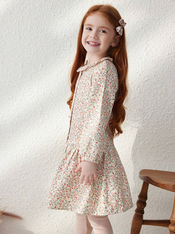 Blossori Young Girls French Elegant Pink Ditsy Floral Woven Loose Front Button Dress, Autumn/Winter