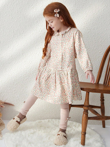 Blossori Young Girls French Elegant Pink Ditsy Floral Woven Loose Front Button Dress, Autumn/Winter