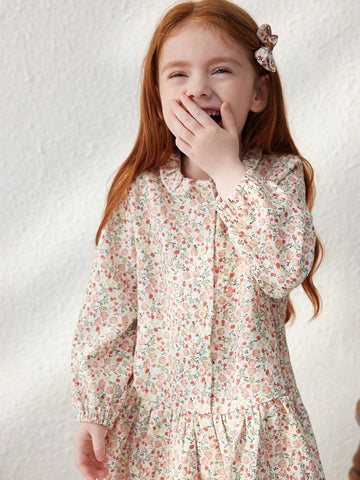 Blossori Young Girls French Elegant Pink Ditsy Floral Woven Loose Front Button Dress, Autumn/Winter