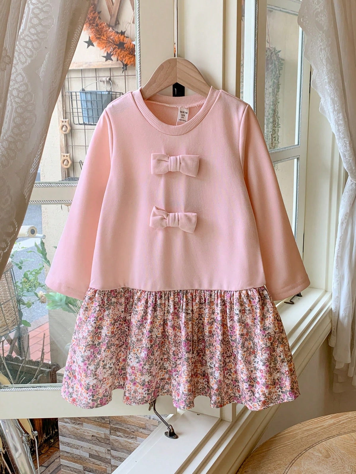 Blossori Young Girls French Elegant Pink Floral Patchwork Knitted Form-Fitting Round Neck Dress, Autumn/Winter