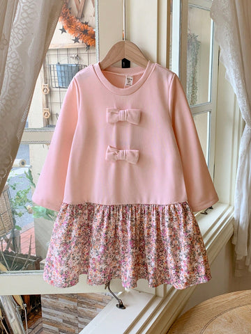 Blossori Young Girls French Elegant Pink Floral Patchwork Knitted Form-Fitting Round Neck Dress, Autumn/Winter
