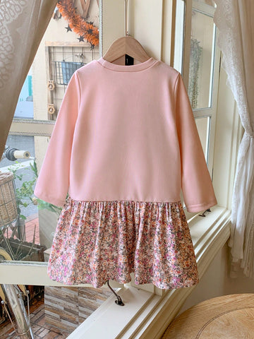 Blossori Young Girls French Elegant Pink Floral Patchwork Knitted Form-Fitting Round Neck Dress, Autumn/Winter