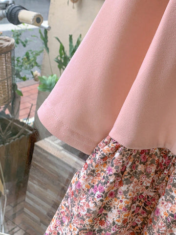 Blossori Young Girls French Elegant Pink Floral Patchwork Knitted Form-Fitting Round Neck Dress, Autumn/Winter