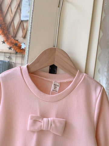 Blossori Young Girls French Elegant Pink Floral Patchwork Knitted Form-Fitting Round Neck Dress, Autumn/Winter