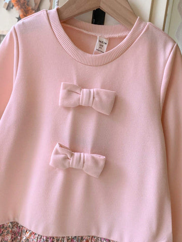 Blossori Young Girls French Elegant Pink Floral Patchwork Knitted Form-Fitting Round Neck Dress, Autumn/Winter