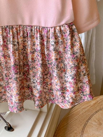 Blossori Young Girls French Elegant Pink Floral Patchwork Knitted Form-Fitting Round Neck Dress, Autumn/Winter