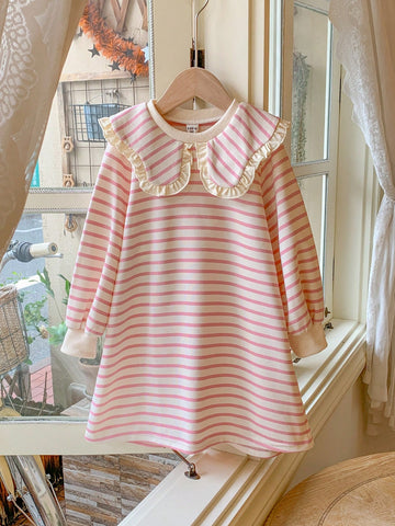 Blossori Young Girls' French Elegant Pink Knit Striped Loose Turtleneck Dress, Autumn/Winter