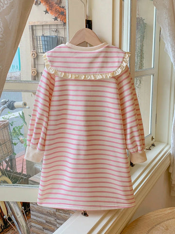 Blossori Young Girls' French Elegant Pink Knit Striped Loose Turtleneck Dress, Autumn/Winter