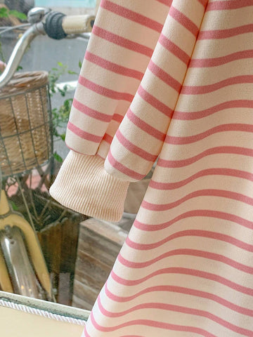 Blossori Young Girls' French Elegant Pink Knit Striped Loose Turtleneck Dress, Autumn/Winter