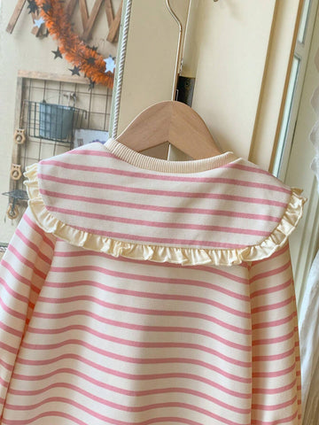 Blossori Young Girls' French Elegant Pink Knit Striped Loose Turtleneck Dress, Autumn/Winter