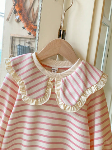 Blossori Young Girls' French Elegant Pink Knit Striped Loose Turtleneck Dress, Autumn/Winter