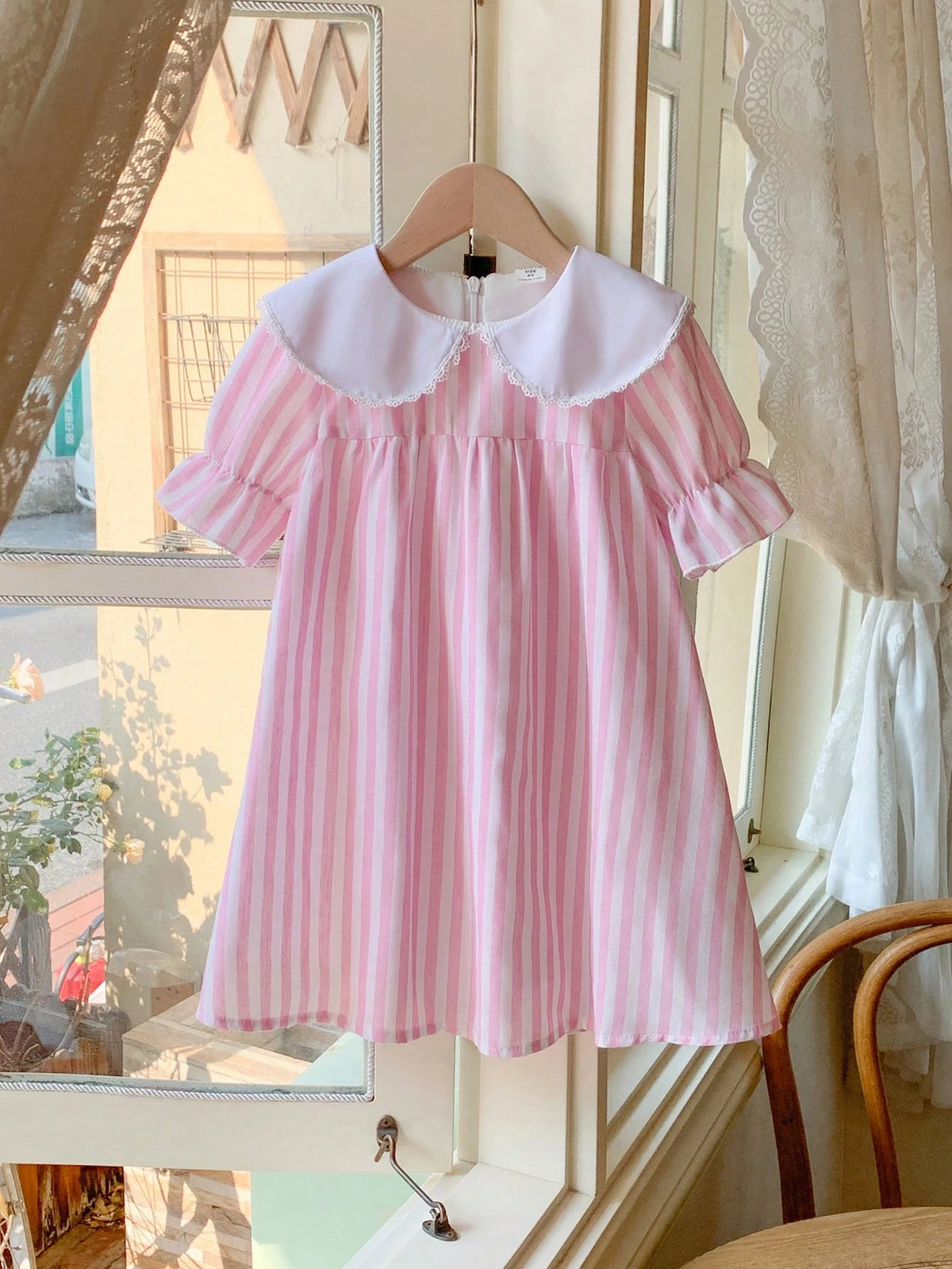 Blossori Young Girls French Elegant Pink Striped & Plaid Round Neck Woven Dress, Spring/Summer