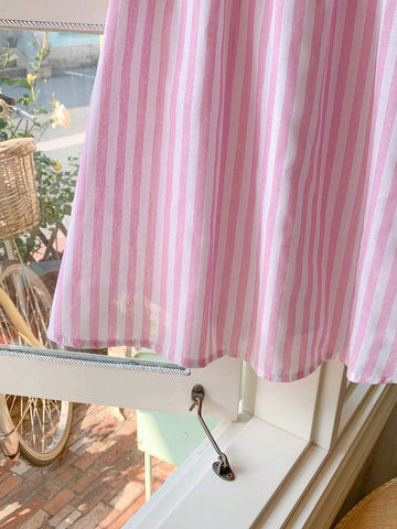 Blossori Young Girls French Elegant Pink Striped & Plaid Round Neck Woven Dress, Spring/Summer