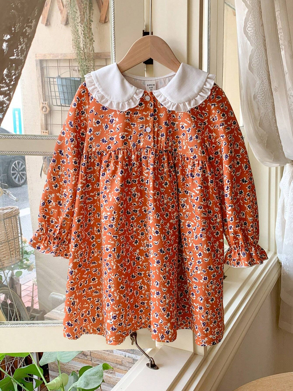 Blossori Young Girls' French Elegant Red Ditsy Floral Contrast Color Cotton Peter Pan Collar Button Front Dress, Autumn/Winter