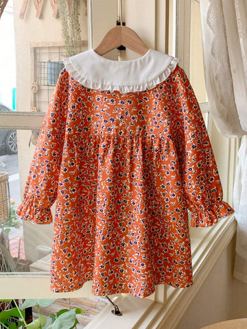 Blossori Young Girls' French Elegant Red Ditsy Floral Contrast Color Cotton Peter Pan Collar Button Front Dress, Autumn/Winter