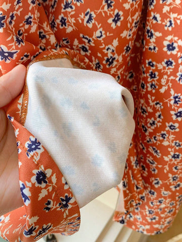 Blossori Young Girls' French Elegant Red Ditsy Floral Contrast Color Cotton Peter Pan Collar Button Front Dress, Autumn/Winter